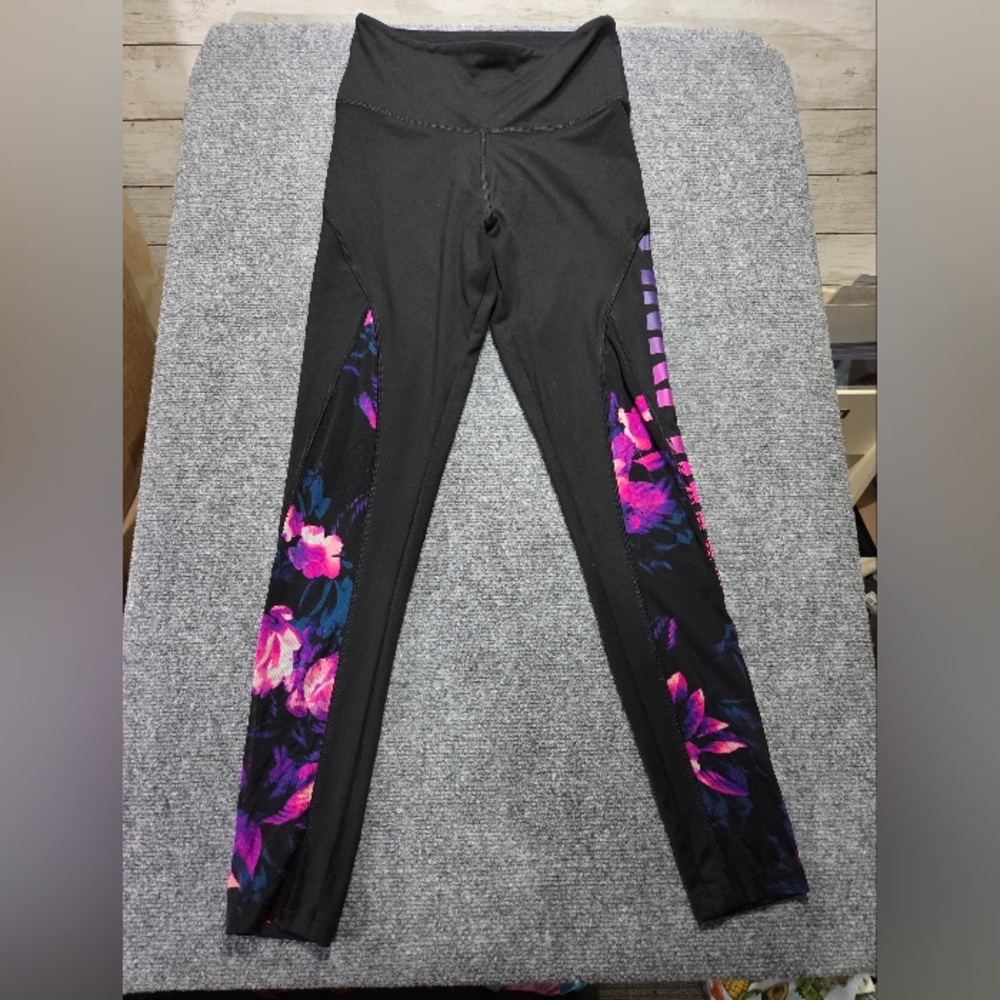 PINK Victoria’s Secret Ultimate Leggings S Black Floral Side Logo High Rise